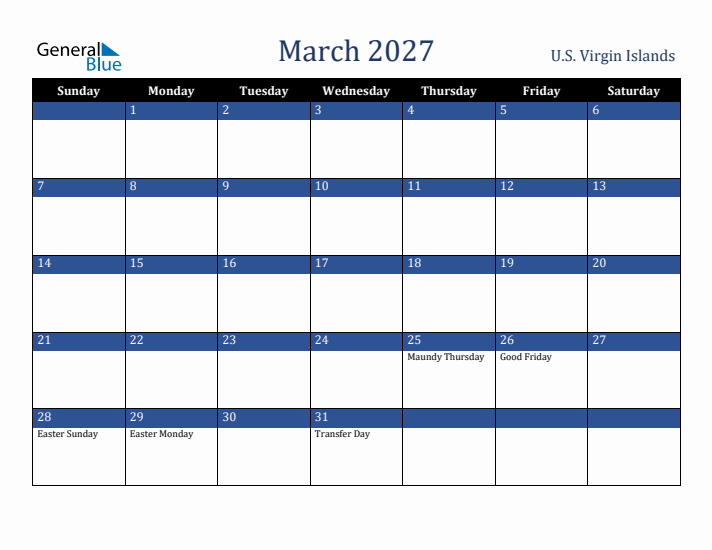 March 2027 U.S. Virgin Islands Calendar (Sunday Start)