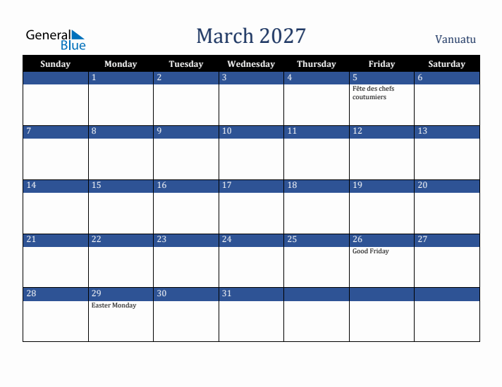 March 2027 Vanuatu Calendar (Sunday Start)