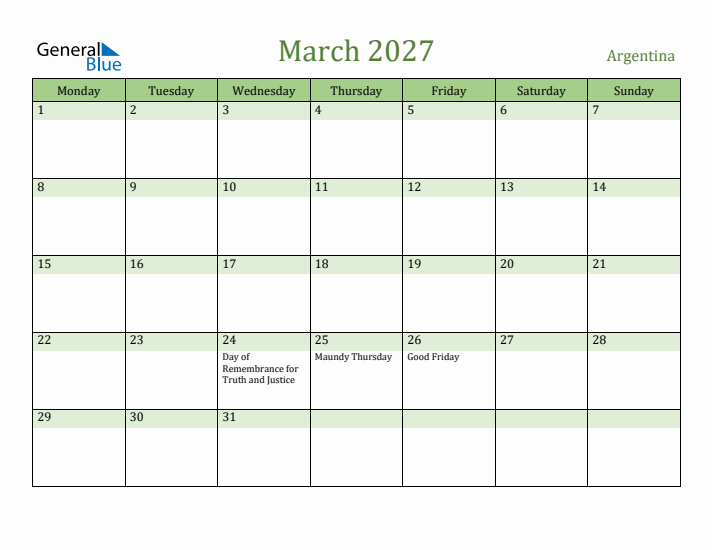 March 2027 Calendar with Argentina Holidays