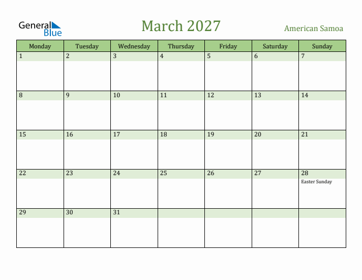 March 2027 Calendar with American Samoa Holidays