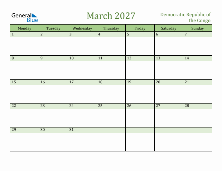 March 2027 Calendar with Democratic Republic of the Congo Holidays