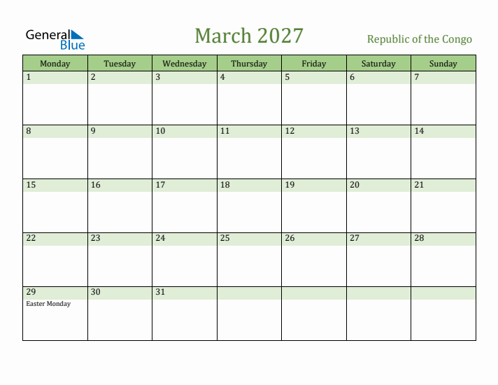 March 2027 Calendar with Republic of the Congo Holidays