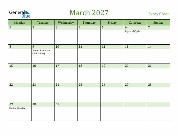 March 2027 Calendar with Ivory Coast Holidays