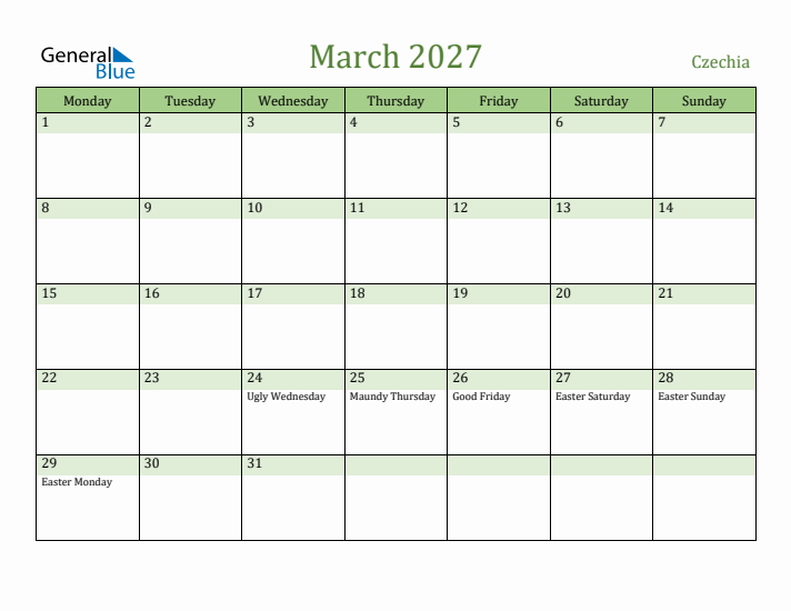 March 2027 Calendar with Czechia Holidays
