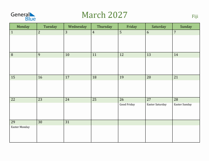 March 2027 Calendar with Fiji Holidays