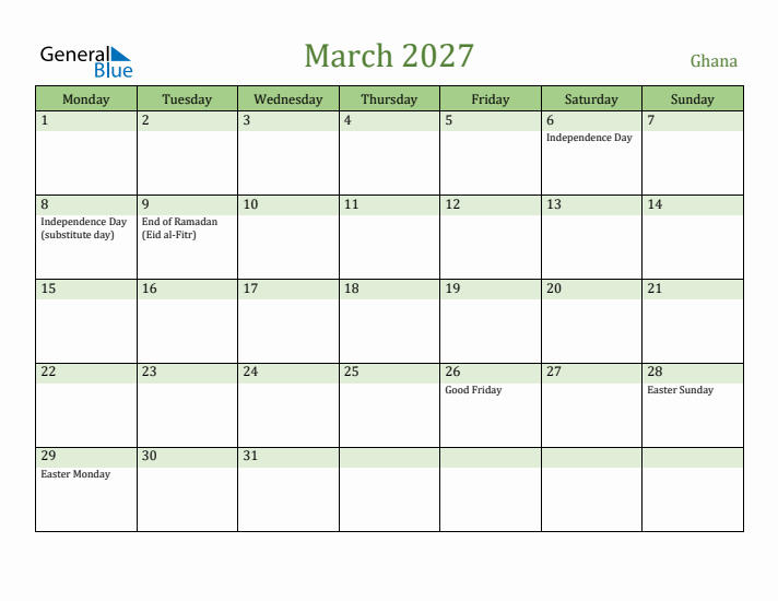 March 2027 Calendar with Ghana Holidays