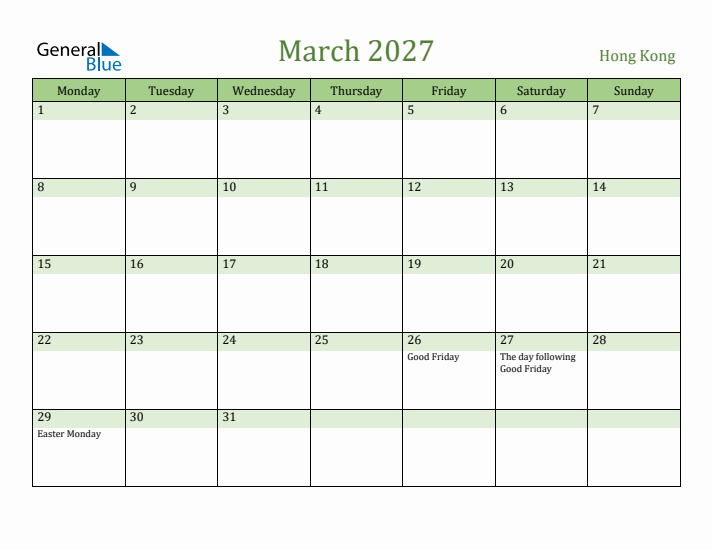 March 2027 Calendar with Hong Kong Holidays