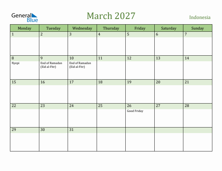 March 2027 Calendar with Indonesia Holidays