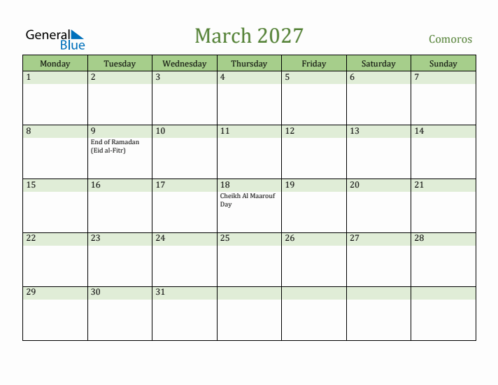 March 2027 Calendar with Comoros Holidays