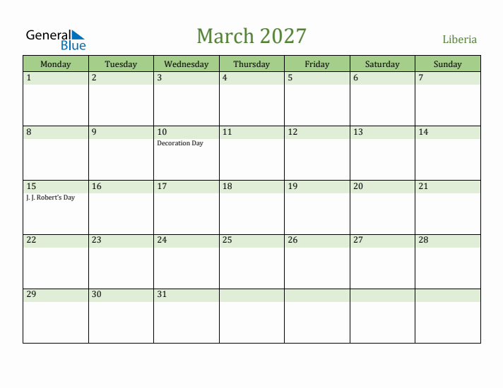 March 2027 Calendar with Liberia Holidays