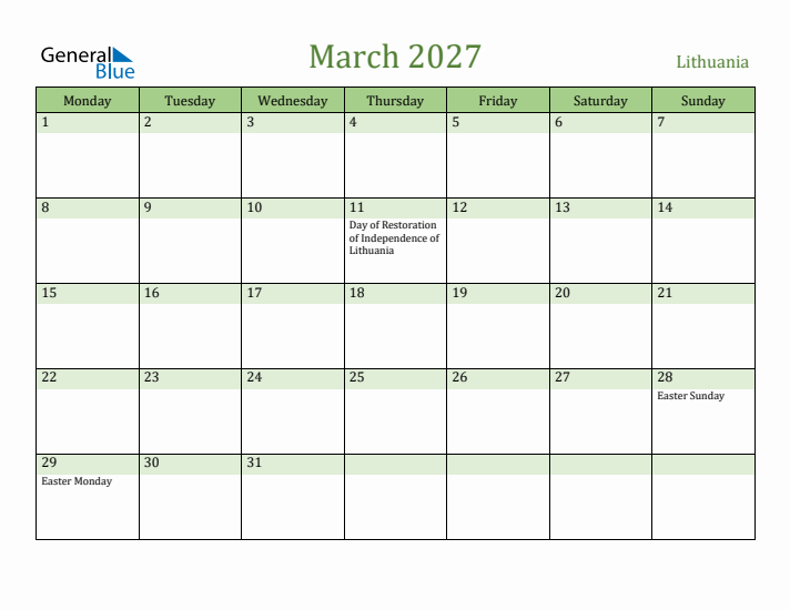 March 2027 Calendar with Lithuania Holidays