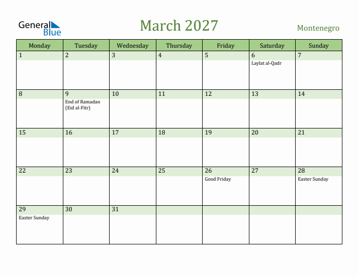 March 2027 Calendar with Montenegro Holidays