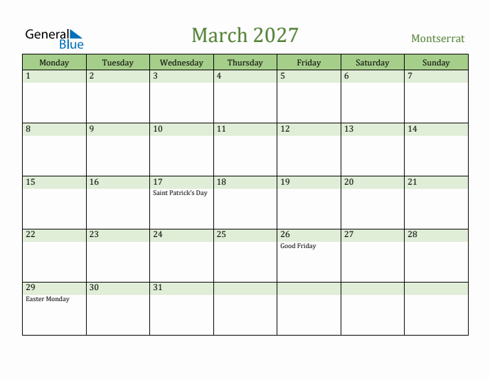 March 2027 Calendar with Montserrat Holidays