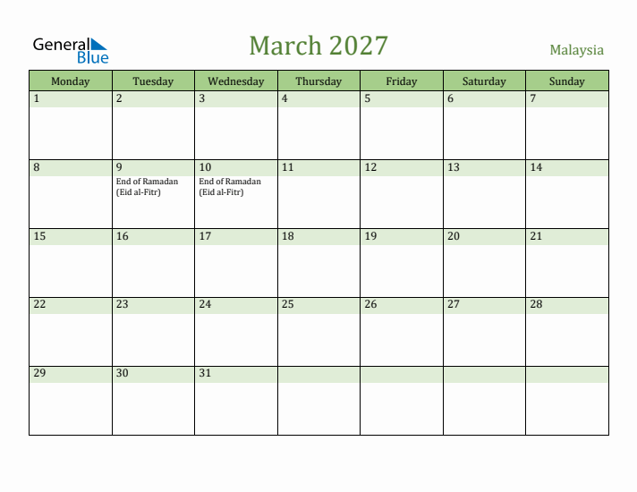 March 2027 Calendar with Malaysia Holidays