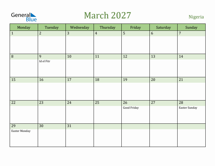 March 2027 Calendar with Nigeria Holidays
