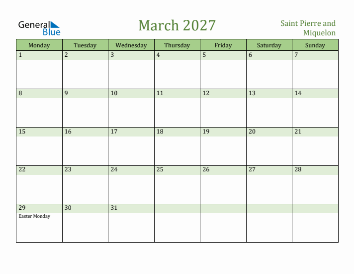 March 2027 Calendar with Saint Pierre and Miquelon Holidays