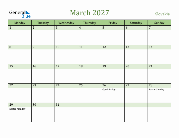 March 2027 Calendar with Slovakia Holidays