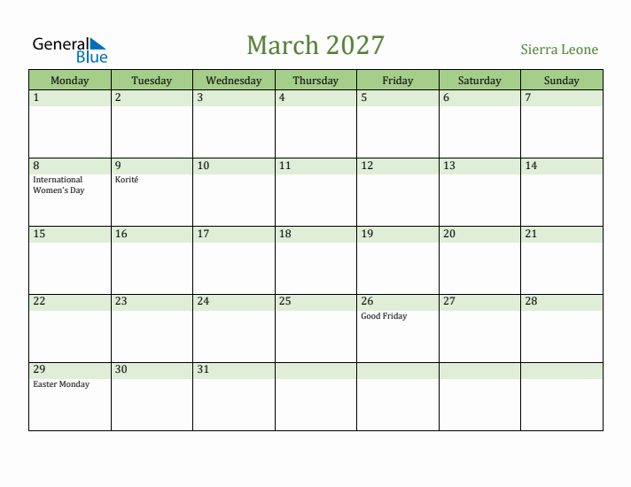 March 2027 Calendar with Sierra Leone Holidays