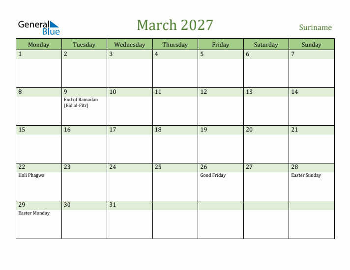 March 2027 Calendar with Suriname Holidays