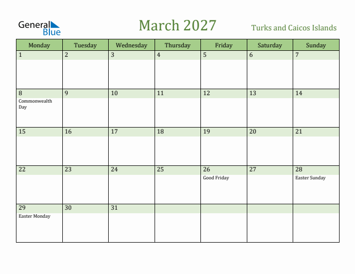 March 2027 Calendar with Turks and Caicos Islands Holidays