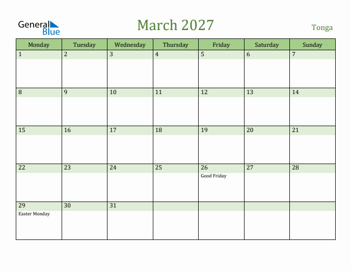 March 2027 Calendar with Tonga Holidays