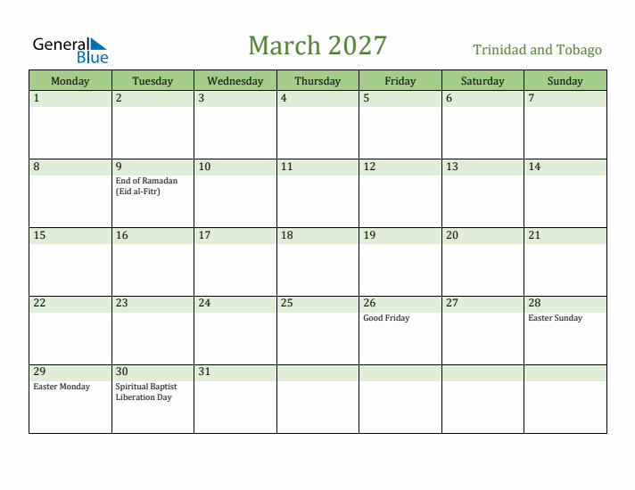 March 2027 Calendar with Trinidad and Tobago Holidays