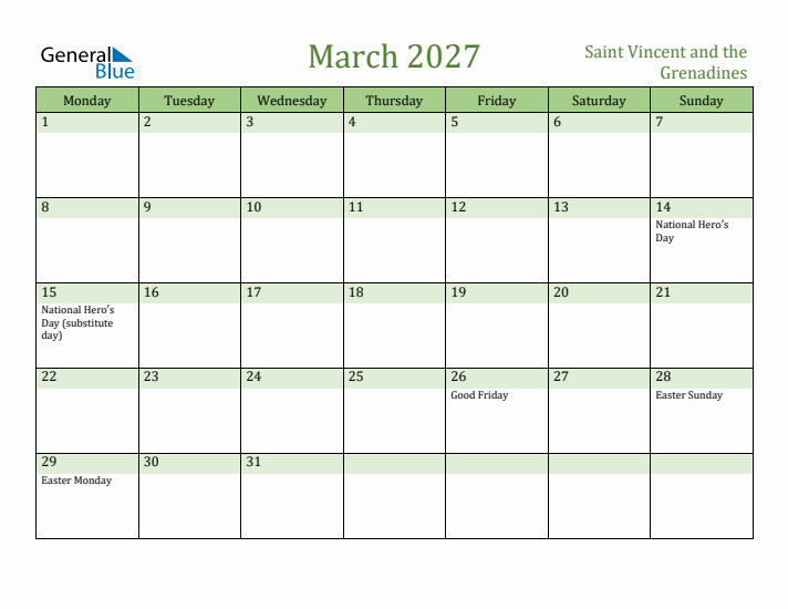 March 2027 Calendar with Saint Vincent and the Grenadines Holidays