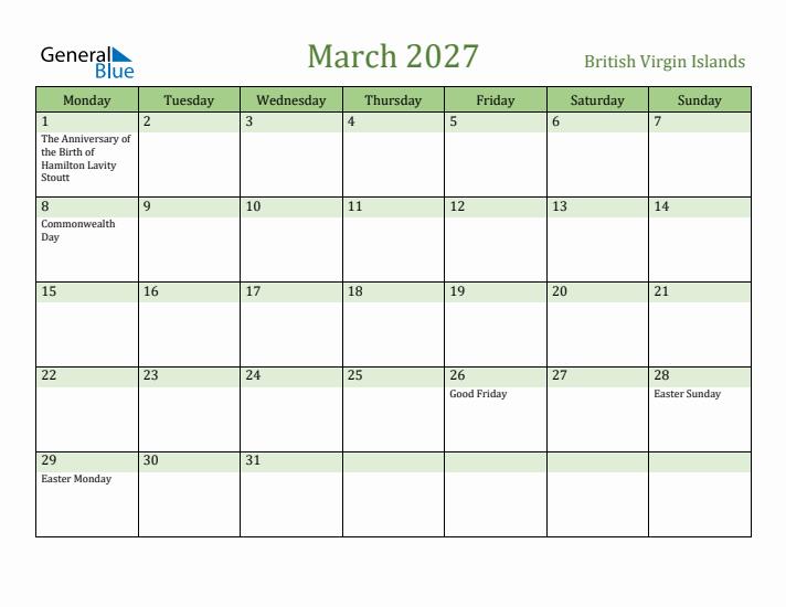 March 2027 Calendar with British Virgin Islands Holidays