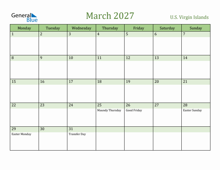 March 2027 Calendar with U.S. Virgin Islands Holidays