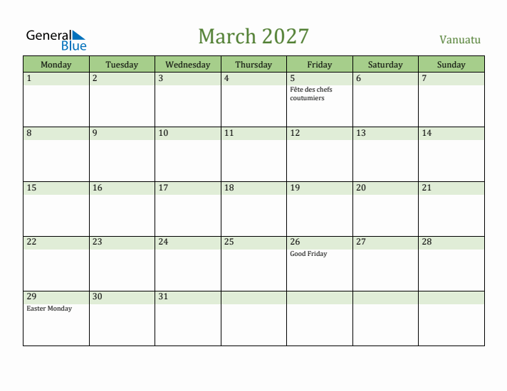 March 2027 Calendar with Vanuatu Holidays