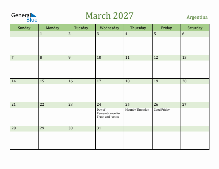 March 2027 Calendar with Argentina Holidays