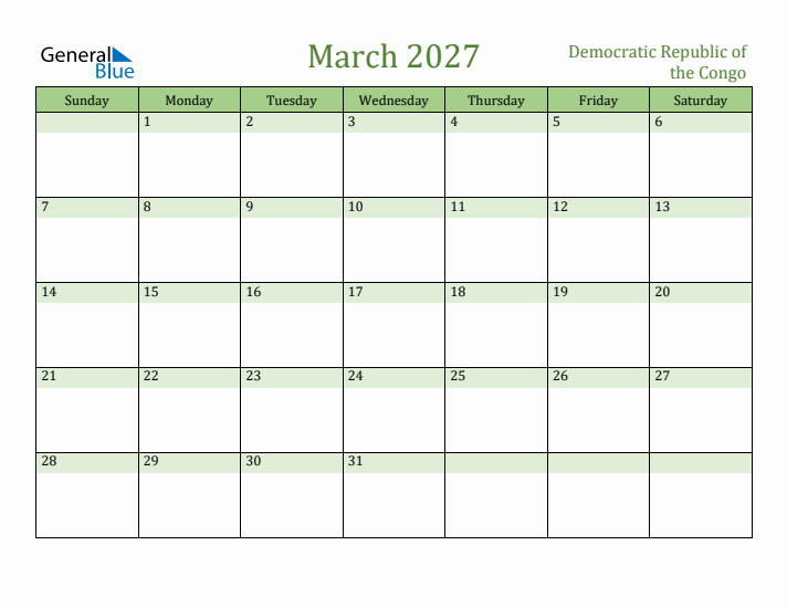 March 2027 Calendar with Democratic Republic of the Congo Holidays