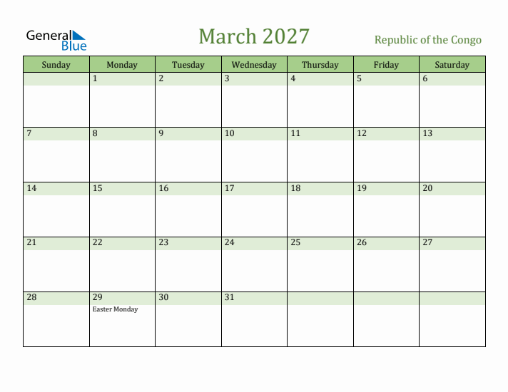 March 2027 Calendar with Republic of the Congo Holidays