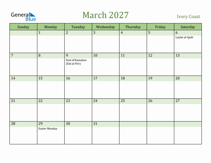 March 2027 Calendar with Ivory Coast Holidays