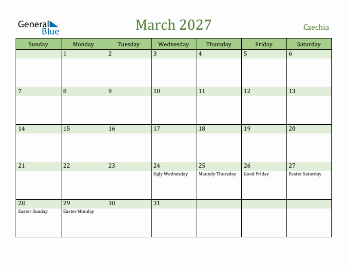 March 2027 Calendar with Czechia Holidays