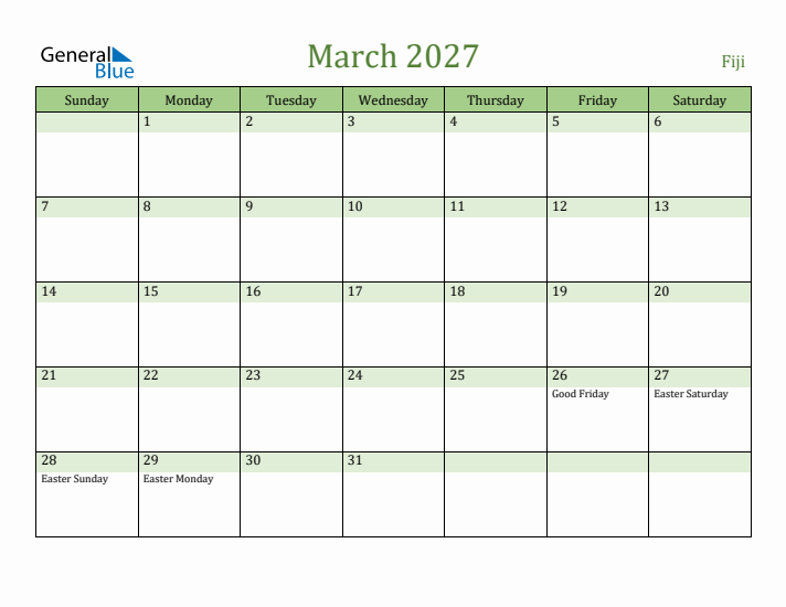 March 2027 Calendar with Fiji Holidays