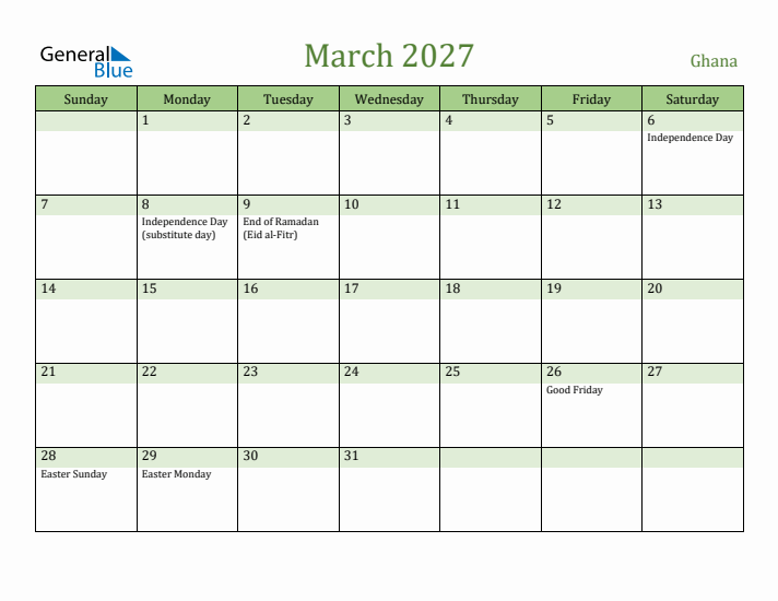 March 2027 Calendar with Ghana Holidays