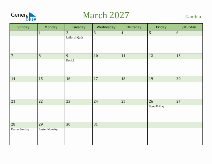 March 2027 Calendar with Gambia Holidays