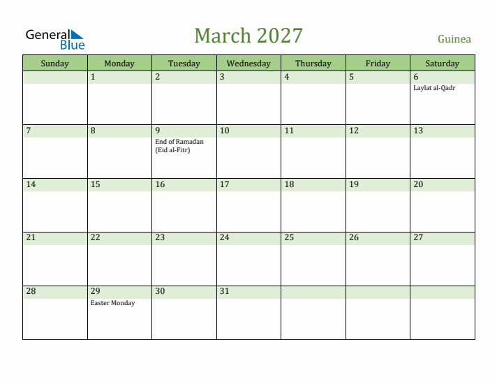 March 2027 Calendar with Guinea Holidays