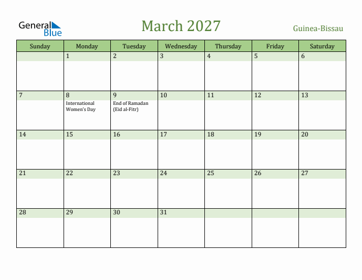 March 2027 Calendar with Guinea-Bissau Holidays