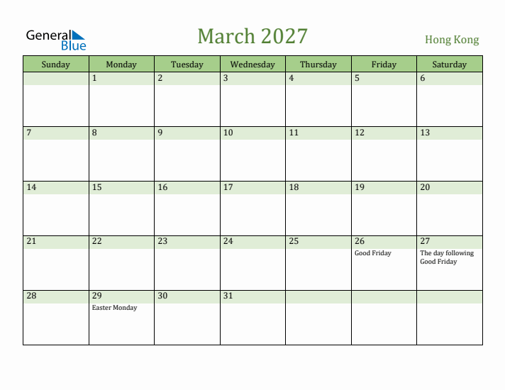 March 2027 Calendar with Hong Kong Holidays