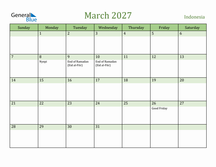 March 2027 Calendar with Indonesia Holidays