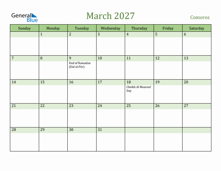 March 2027 Calendar with Comoros Holidays