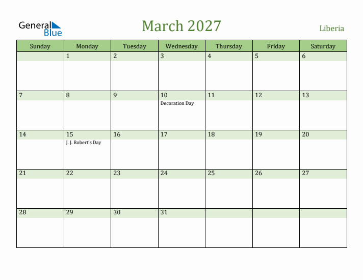 March 2027 Calendar with Liberia Holidays