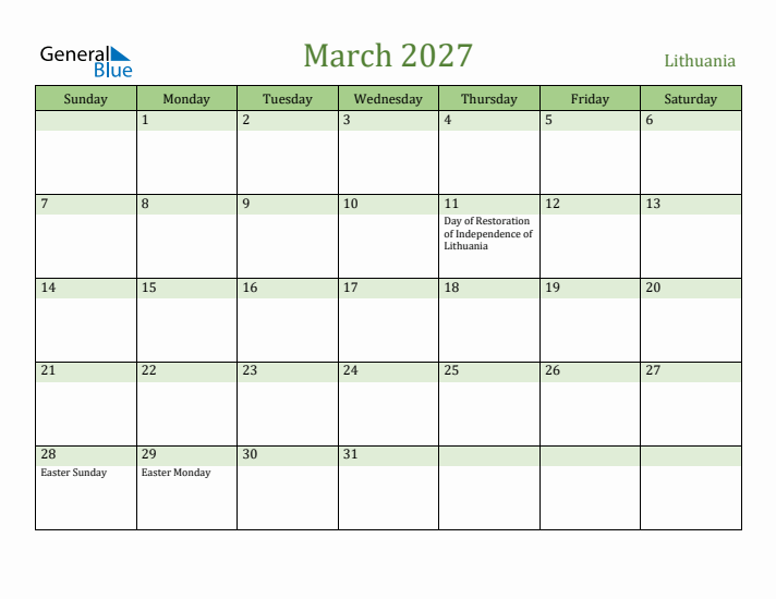 March 2027 Calendar with Lithuania Holidays