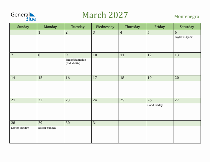 March 2027 Calendar with Montenegro Holidays