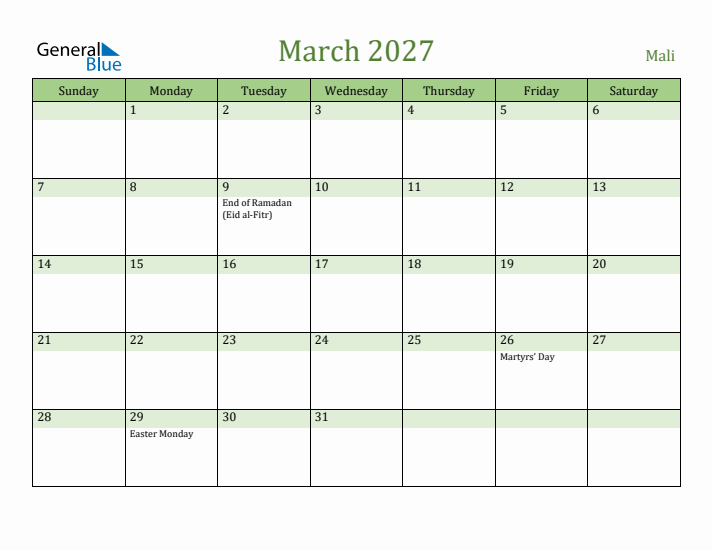 March 2027 Calendar with Mali Holidays