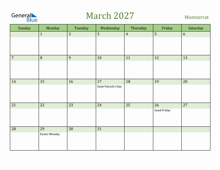 March 2027 Calendar with Montserrat Holidays