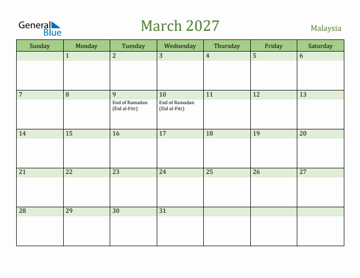March 2027 Calendar with Malaysia Holidays