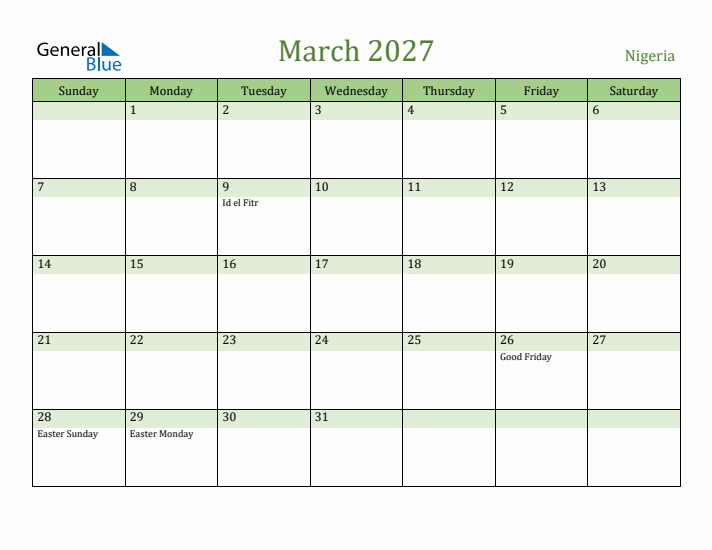 March 2027 Calendar with Nigeria Holidays